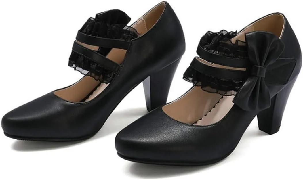 VOKLIN Women's Girls Round Toe Ankle Strap Mary Jane Pumps Sweet Bow Lace Block High Heels Oxford Dress Shoes