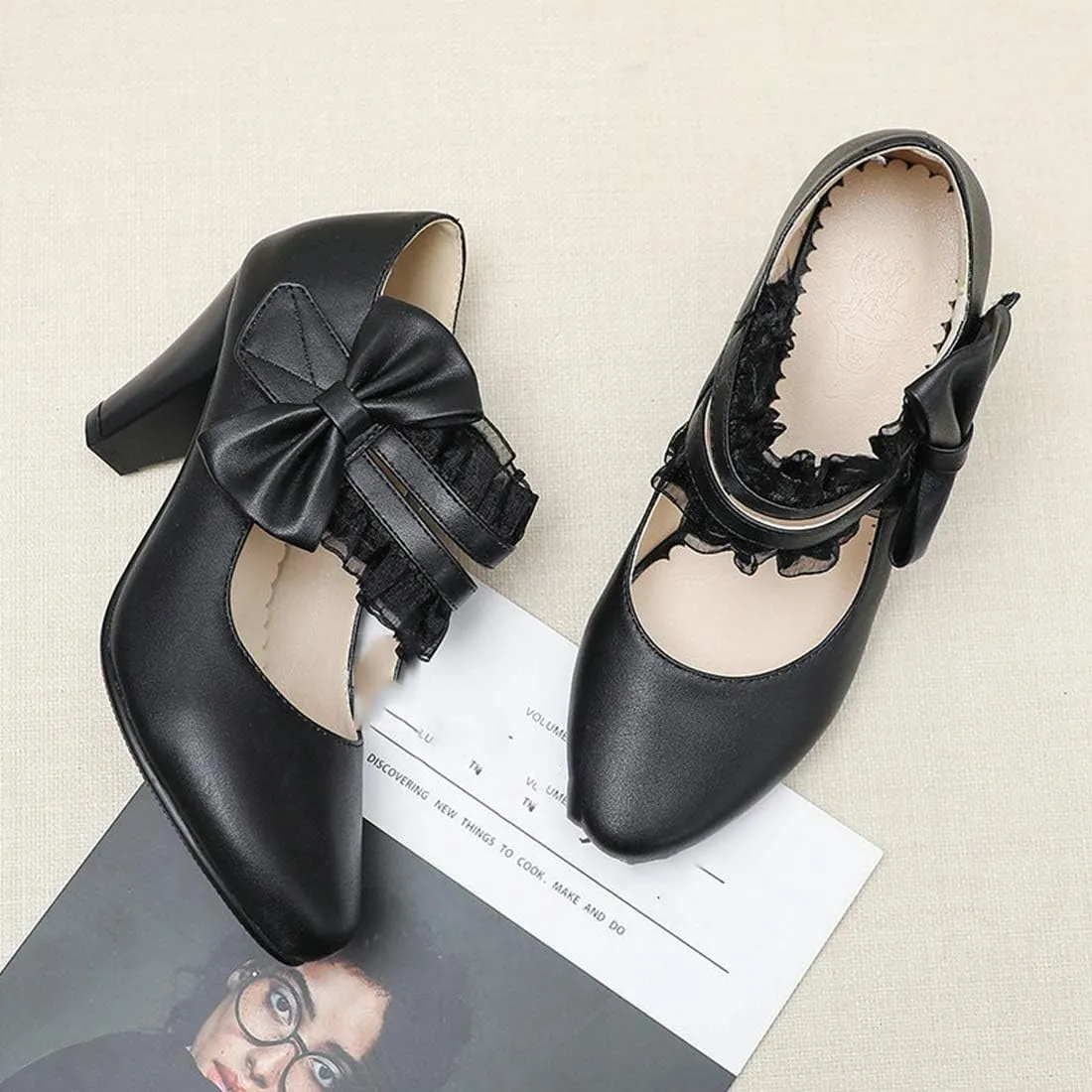 VOKLIN Women's Girls Round Toe Ankle Strap Mary Jane Pumps Sweet Bow Lace Block High Heels Oxford Dress Shoes