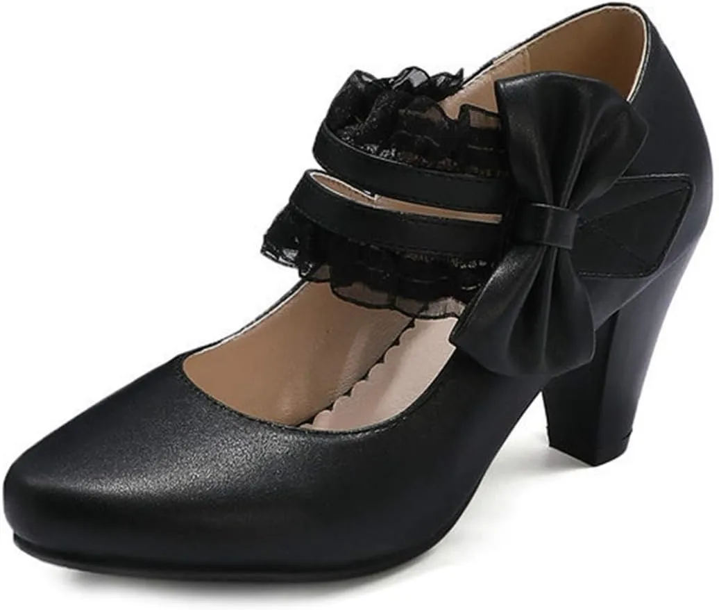 VOKLIN Women's Girls Round Toe Ankle Strap Mary Jane Pumps Sweet Bow Lace Block High Heels Oxford Dress Shoes