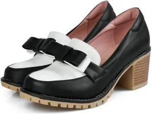 VOKLIN Women's Vintage Bow Slip On Pump Oxford Shoes Two Tone Wingtip Block Mid Heels Dress Oxfords Brogues