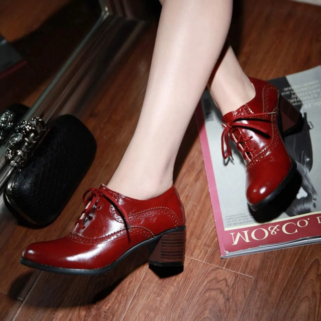 VOKLIN Women's Vintage Pump Oxfords Brogues Lace Up Wingtip Perforated Chunky Mid Block Heel Dress Shoes
