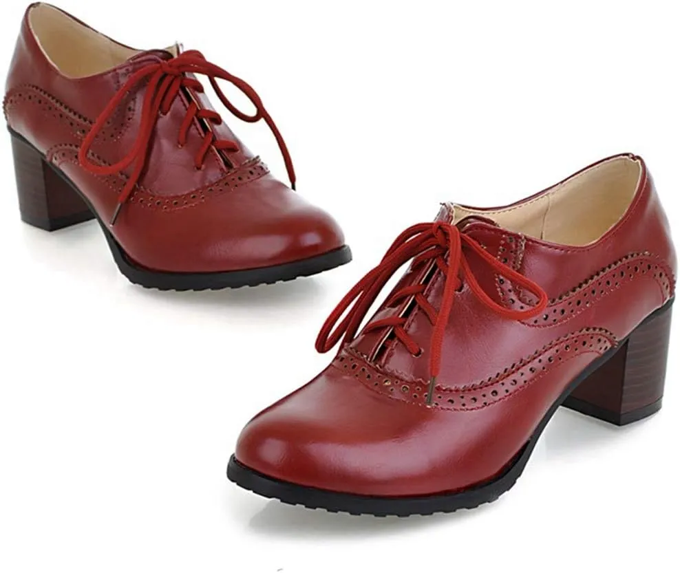 VOKLIN Women's Vintage Pump Oxfords Brogues Lace Up Wingtip Perforated Chunky Mid Block Heel Dress Shoes
