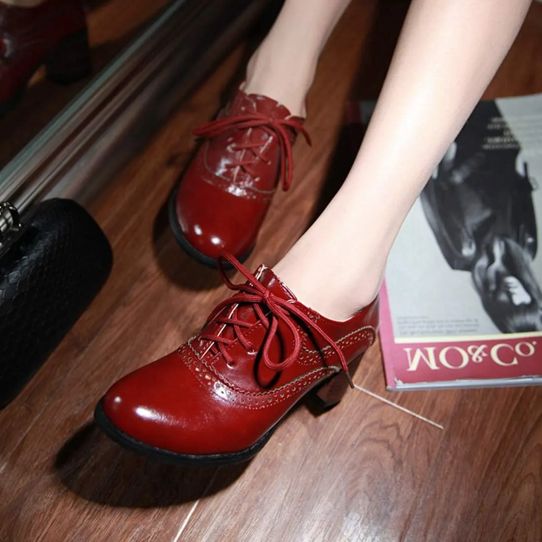 VOKLIN Women's Vintage Pump Oxfords Brogues Lace Up Wingtip Perforated Chunky Mid Block Heel Dress Shoes