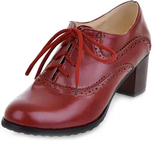 VOKLIN Women's Vintage Pump Oxfords Brogues Lace Up Wingtip Perforated Chunky Mid Block Heel Dress Shoes