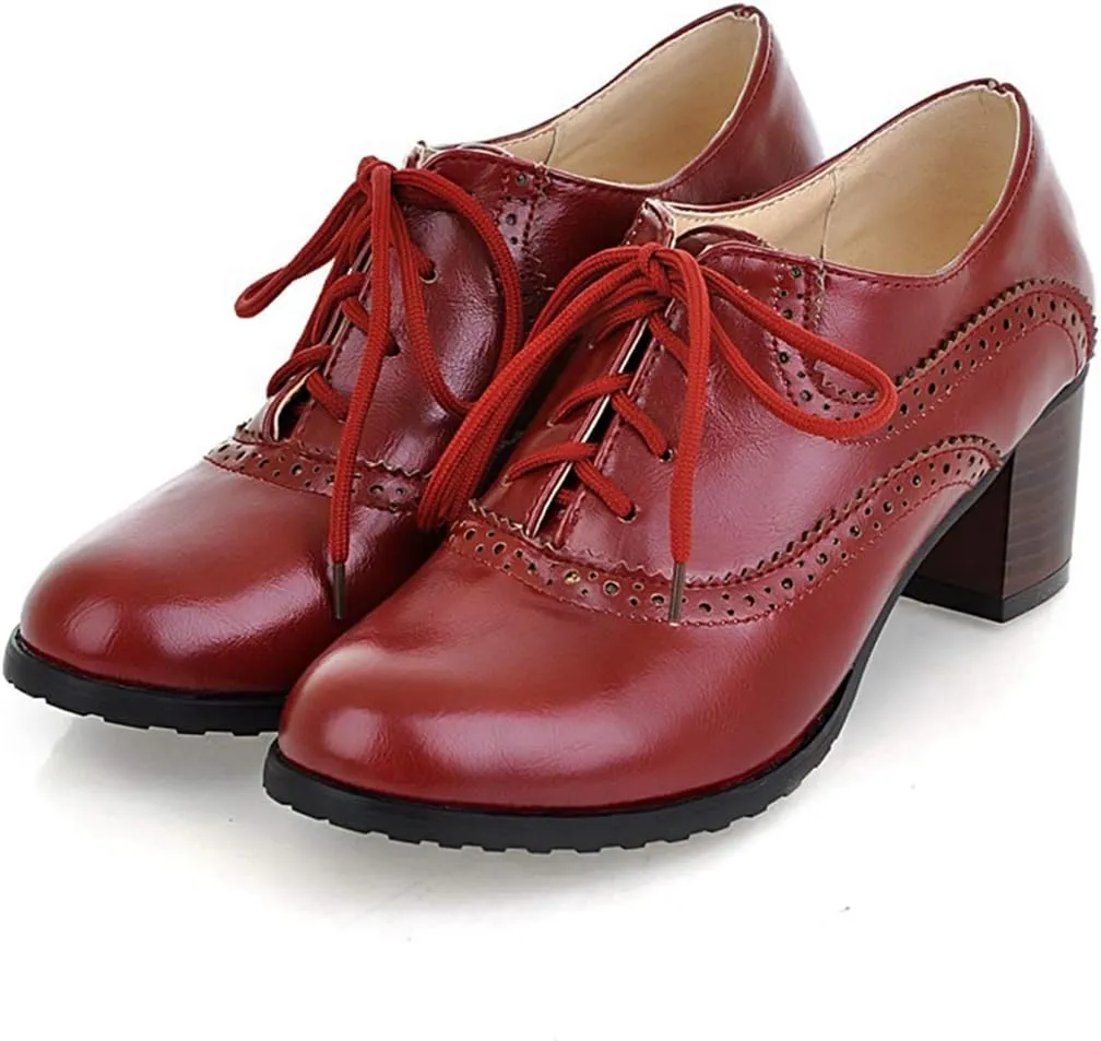 VOKLIN Women's Vintage Pump Oxfords Brogues Lace Up Wingtip Perforated Chunky Mid Block Heel Dress Shoes