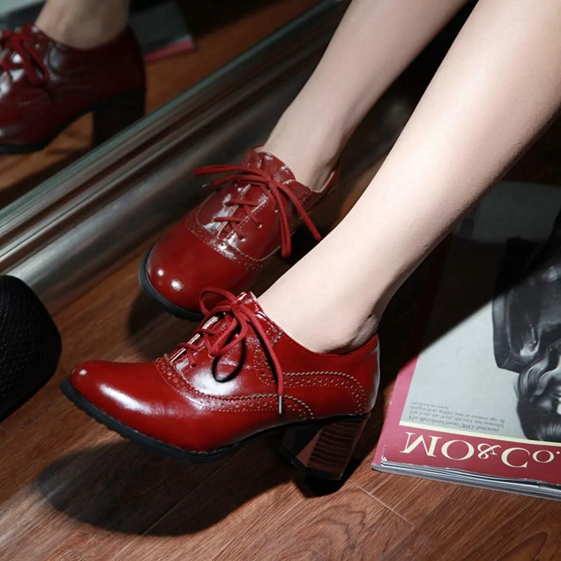 VOKLIN Women's Vintage Pump Oxfords Brogues Lace Up Wingtip Perforated Chunky Mid Block Heel Dress Shoes