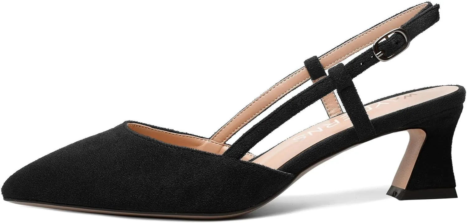 WAYDERNS Womens Slim Adjustable Strap Buckle Suede Pointed Toe Business Formal Kitten Low Heel Pumps Shoes 2 Inch