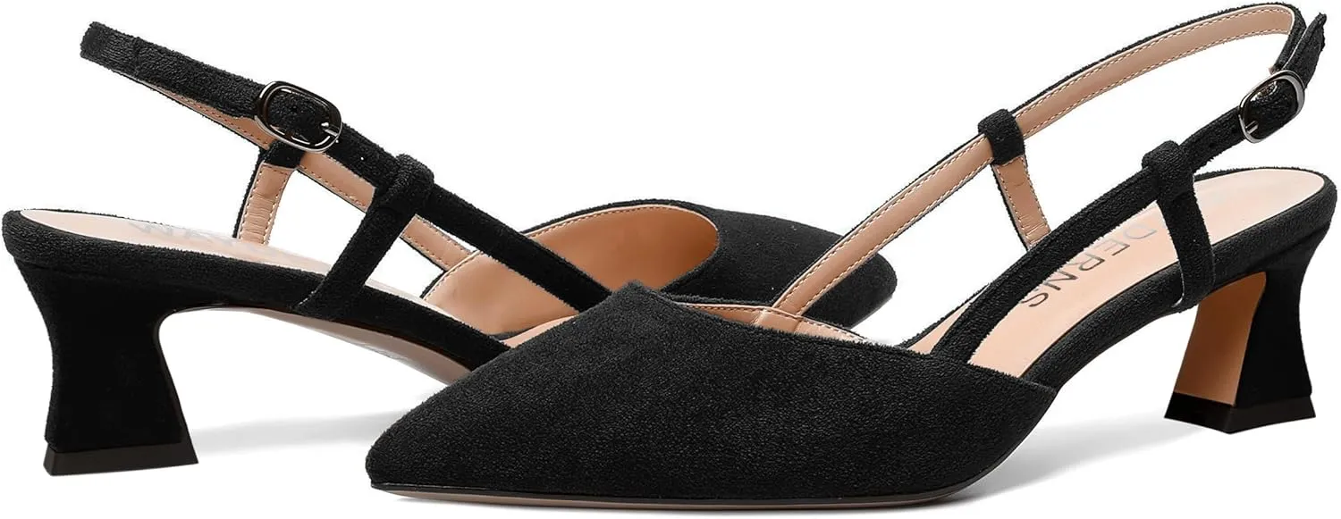 WAYDERNS Womens Slim Adjustable Strap Buckle Suede Pointed Toe Business Formal Kitten Low Heel Pumps Shoes 2 Inch