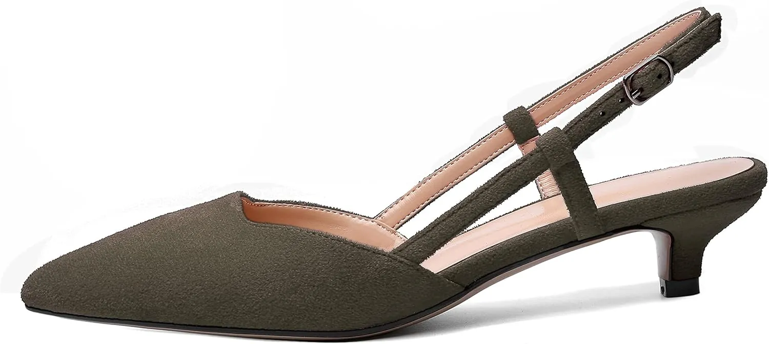 WAYDERNS Womens Suede Slingback Ankle Strap Wedding Solid Fashion Pointed Toe Buckle Kitten Low Heel Pumps Shoes 1.5 Inch