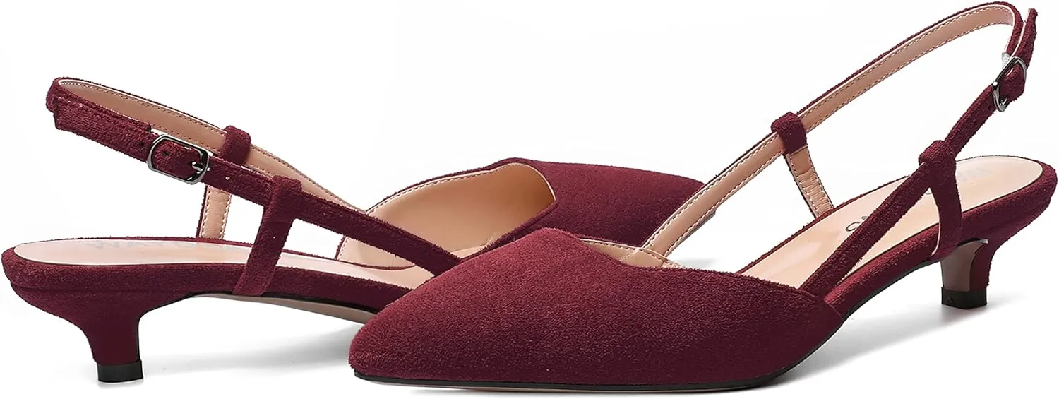 WAYDERNS Womens Suede Slingback Ankle Strap Wedding Solid Fashion Pointed Toe Buckle Kitten Low Heel Pumps Shoes 1.5 Inch