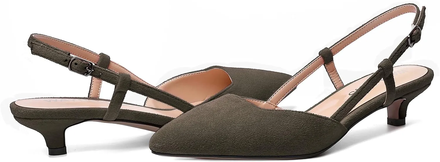 WAYDERNS Womens Suede Slingback Ankle Strap Wedding Solid Fashion Pointed Toe Buckle Kitten Low Heel Pumps Shoes 1.5 Inch
