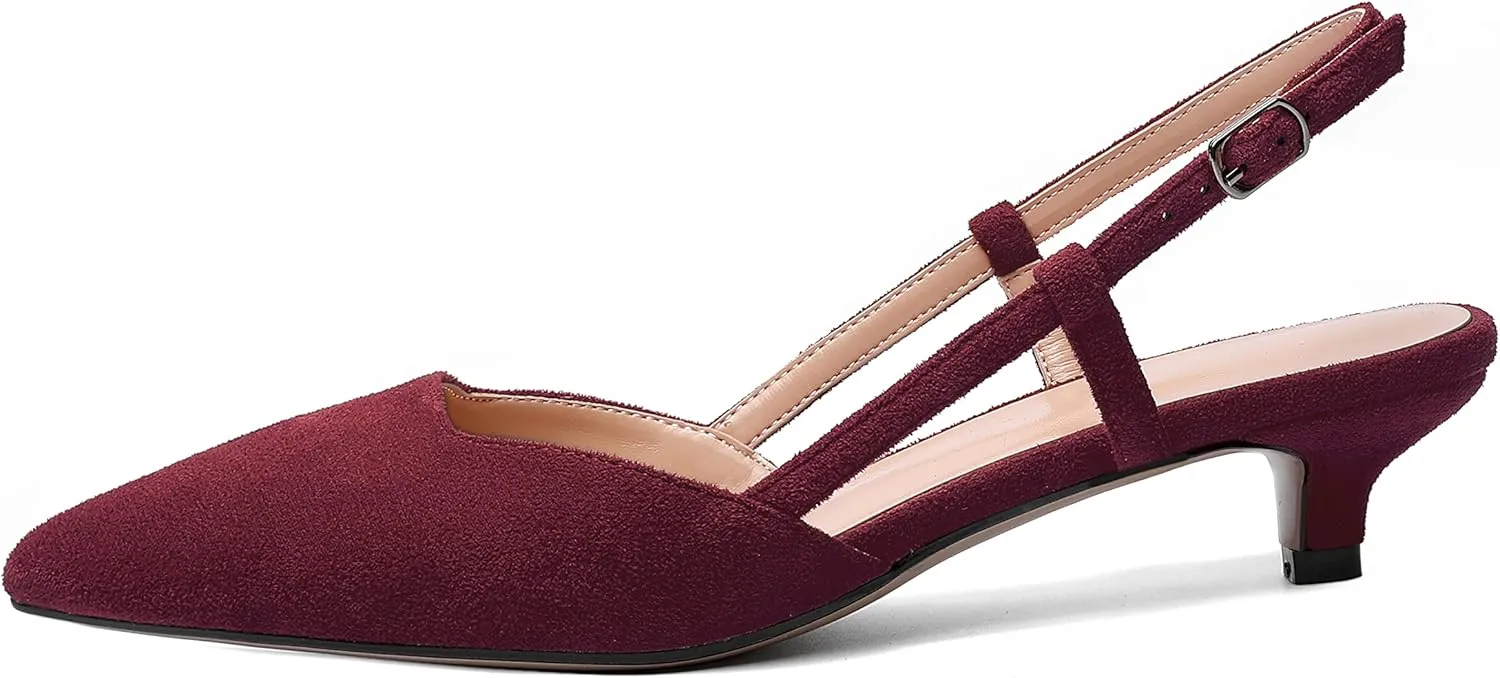 WAYDERNS Womens Suede Slingback Ankle Strap Wedding Solid Fashion Pointed Toe Buckle Kitten Low Heel Pumps Shoes 1.5 Inch