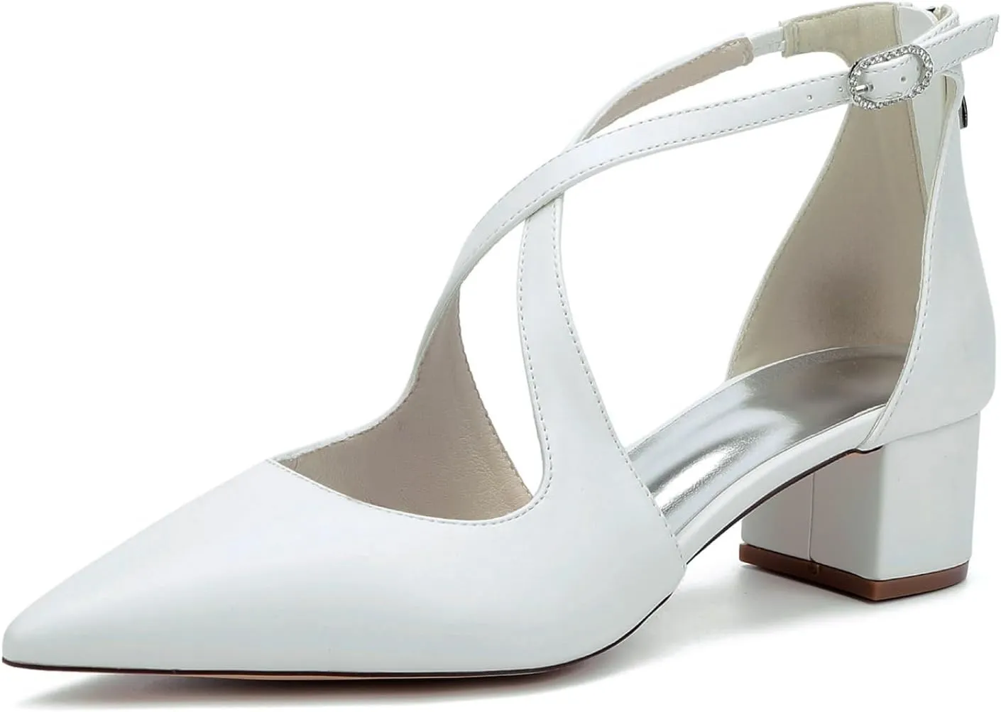 Wedding Bridal Shoes Women's Pointed Toe Low Chunky Heels Bridal Ankle Strap Dress Pump Shoes 4.5Cm