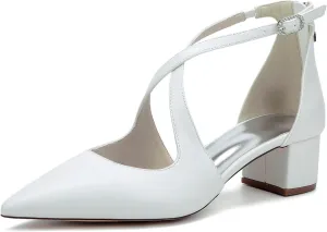 Wedding Bridal Shoes Women's Pointed Toe Low Chunky Heels Bridal Ankle Strap Dress Pump Shoes 4.5Cm