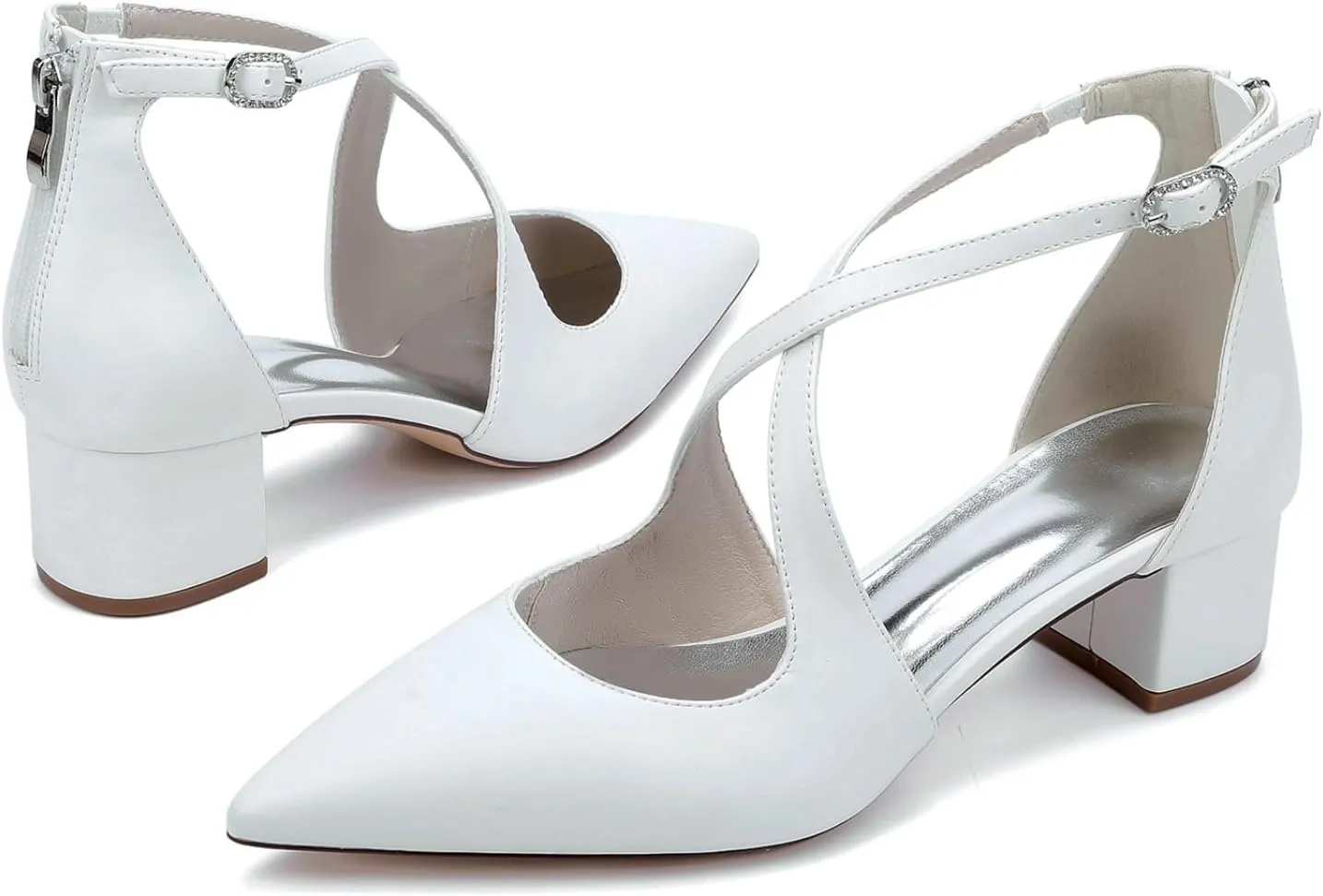 Wedding Bridal Shoes Women's Pointed Toe Low Chunky Heels Bridal Ankle Strap Dress Pump Shoes 4.5Cm