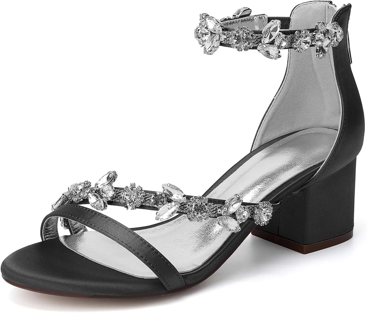 Wedding Shoes Rhinestones 5.5CM Wide Heel Adjustable Ankle Strap Women's Bridal Shoes Open Toe Formal Sandal Pump Satin Zipper Back