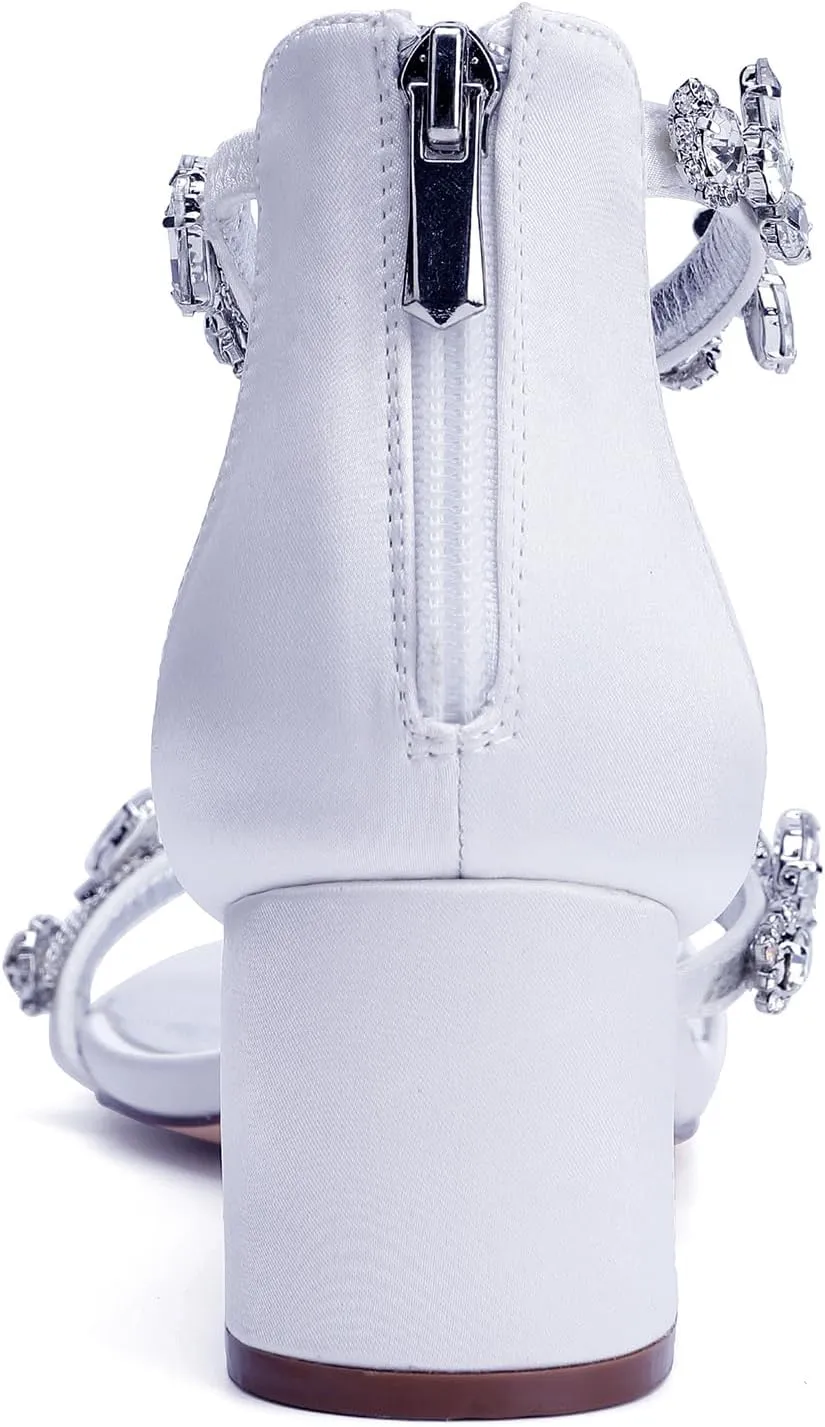 Wedding Shoes Rhinestones 5.5CM Wide Heel Adjustable Ankle Strap Women's Bridal Shoes Open Toe Formal Sandal Pump Satin Zipper Back