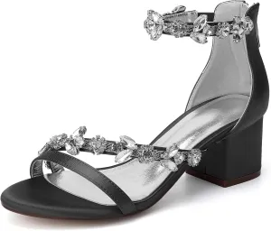 Wedding Shoes Rhinestones 5.5CM Wide Heel Adjustable Ankle Strap Women's Bridal Shoes Open Toe Formal Sandal Pump Satin Zipper Back
