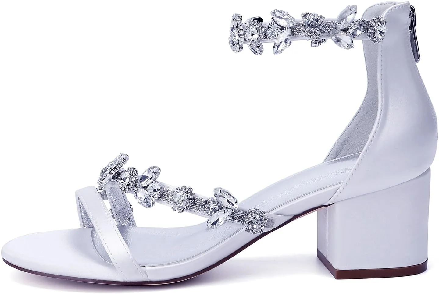 Wedding Shoes Rhinestones 5.5CM Wide Heel Adjustable Ankle Strap Women's Bridal Shoes Open Toe Formal Sandal Pump Satin Zipper Back