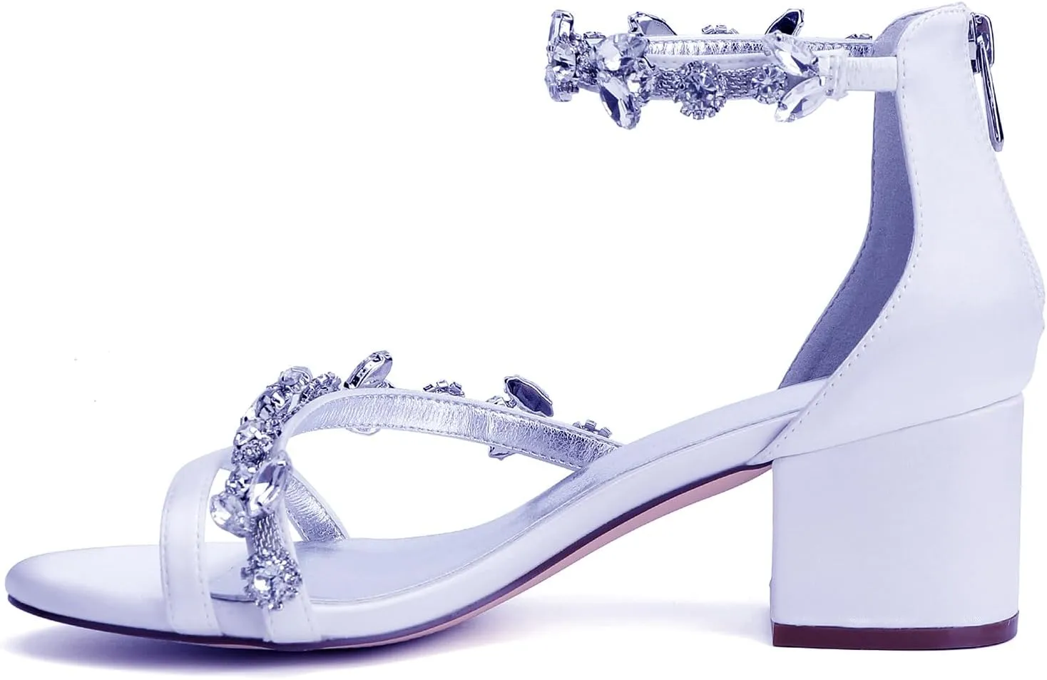 Wedding Shoes Rhinestones 5.5CM Wide Heel Adjustable Ankle Strap Women's Bridal Shoes Open Toe Formal Sandal Pump Satin Zipper Back