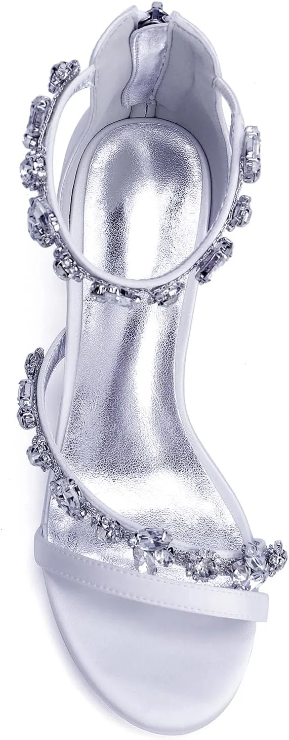Wedding Shoes Rhinestones 5.5CM Wide Heel Adjustable Ankle Strap Women's Bridal Shoes Open Toe Formal Sandal Pump Satin Zipper Back
