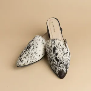 White/Black Horse Hair Mules  Low Heeled