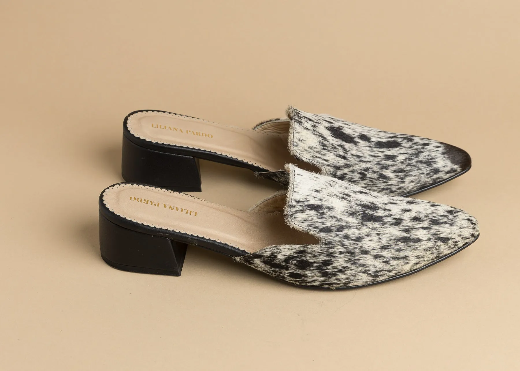 White/Black Horse Hair Mules  Low Heeled