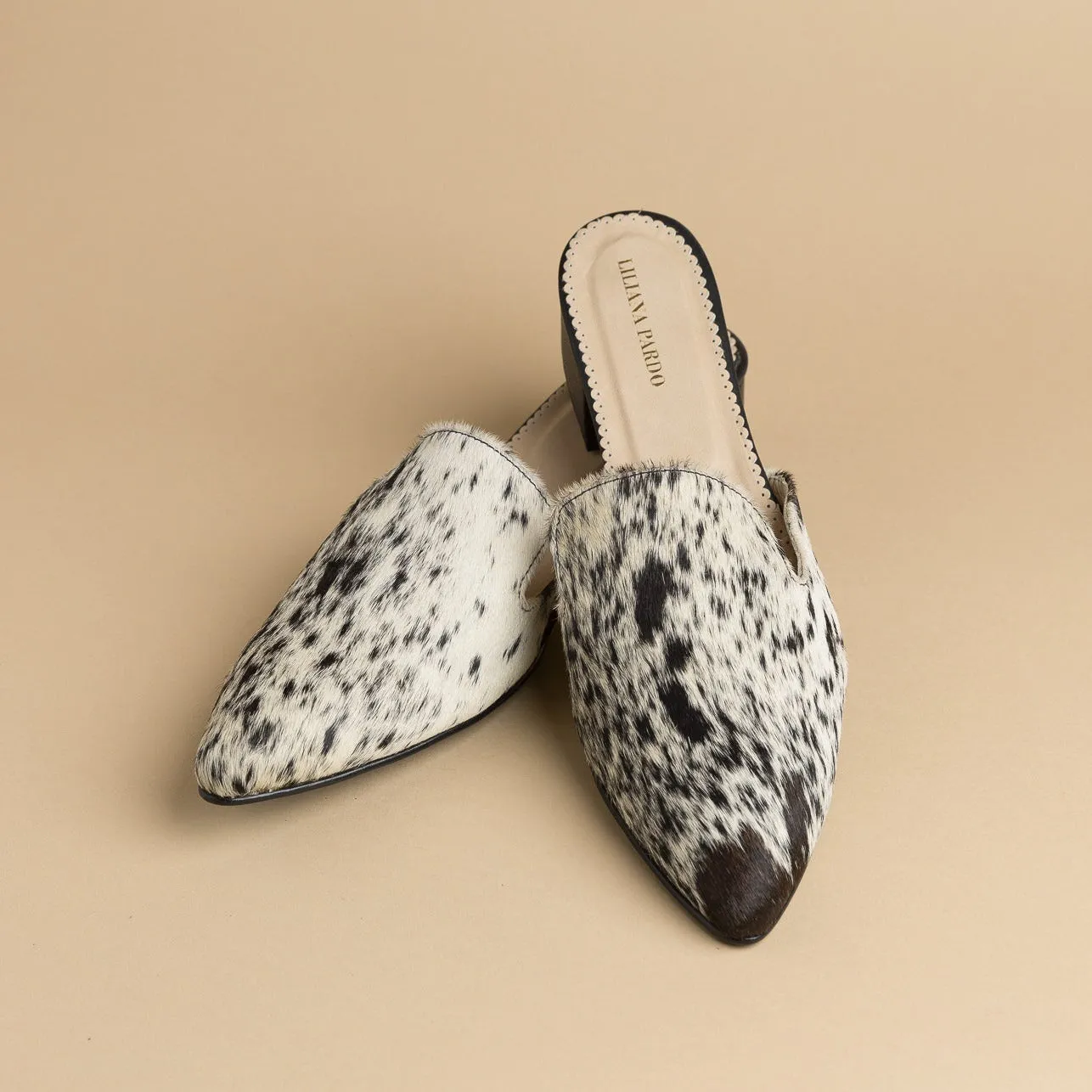 White/Black Horse Hair Mules  Low Heeled