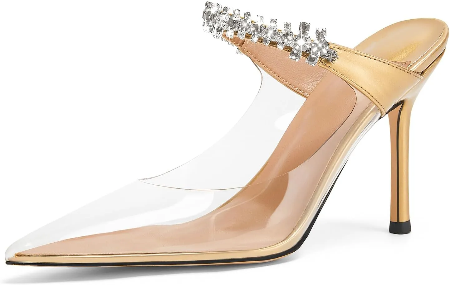Women Heeled Mules Rhinestone Strappy Clear Heels Pointed Toe Stiletto Slip On Bridal Sandals for Women