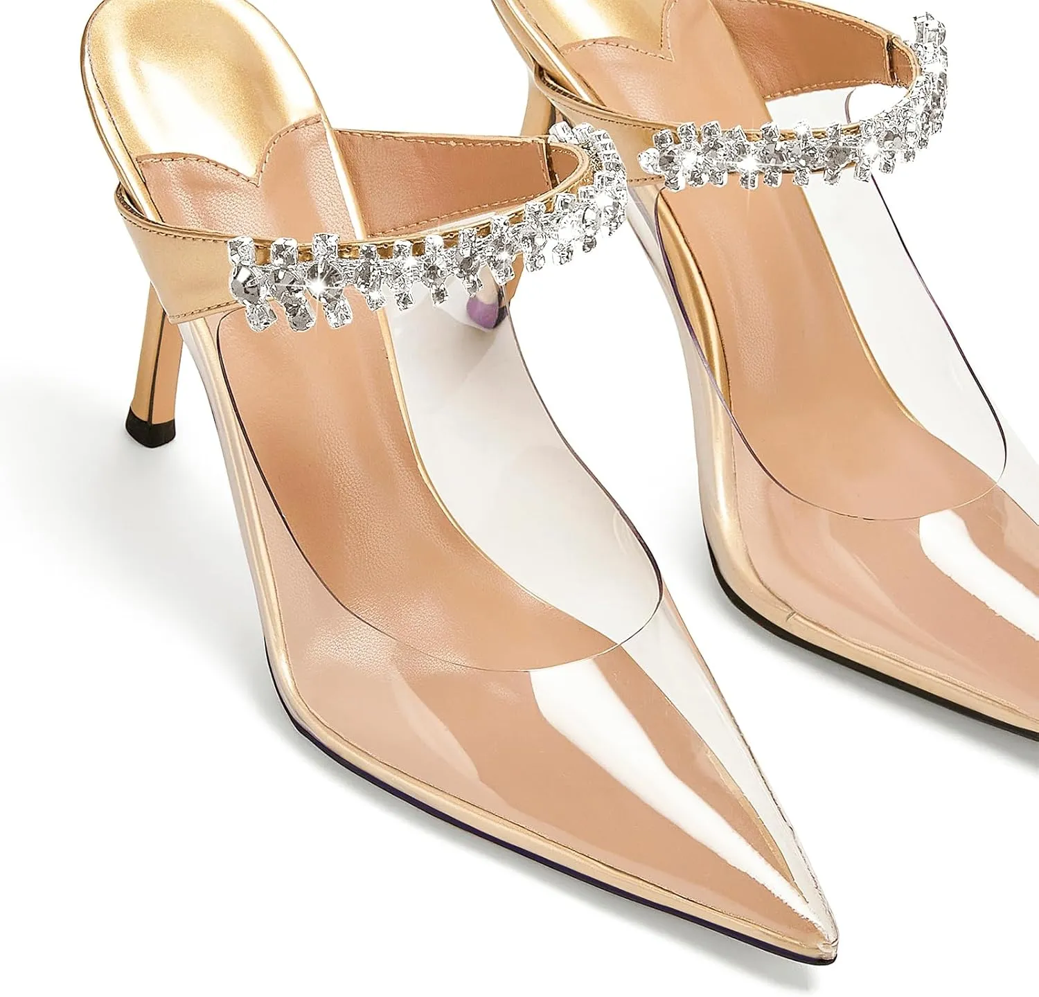 Women Heeled Mules Rhinestone Strappy Clear Heels Pointed Toe Stiletto Slip On Bridal Sandals for Women