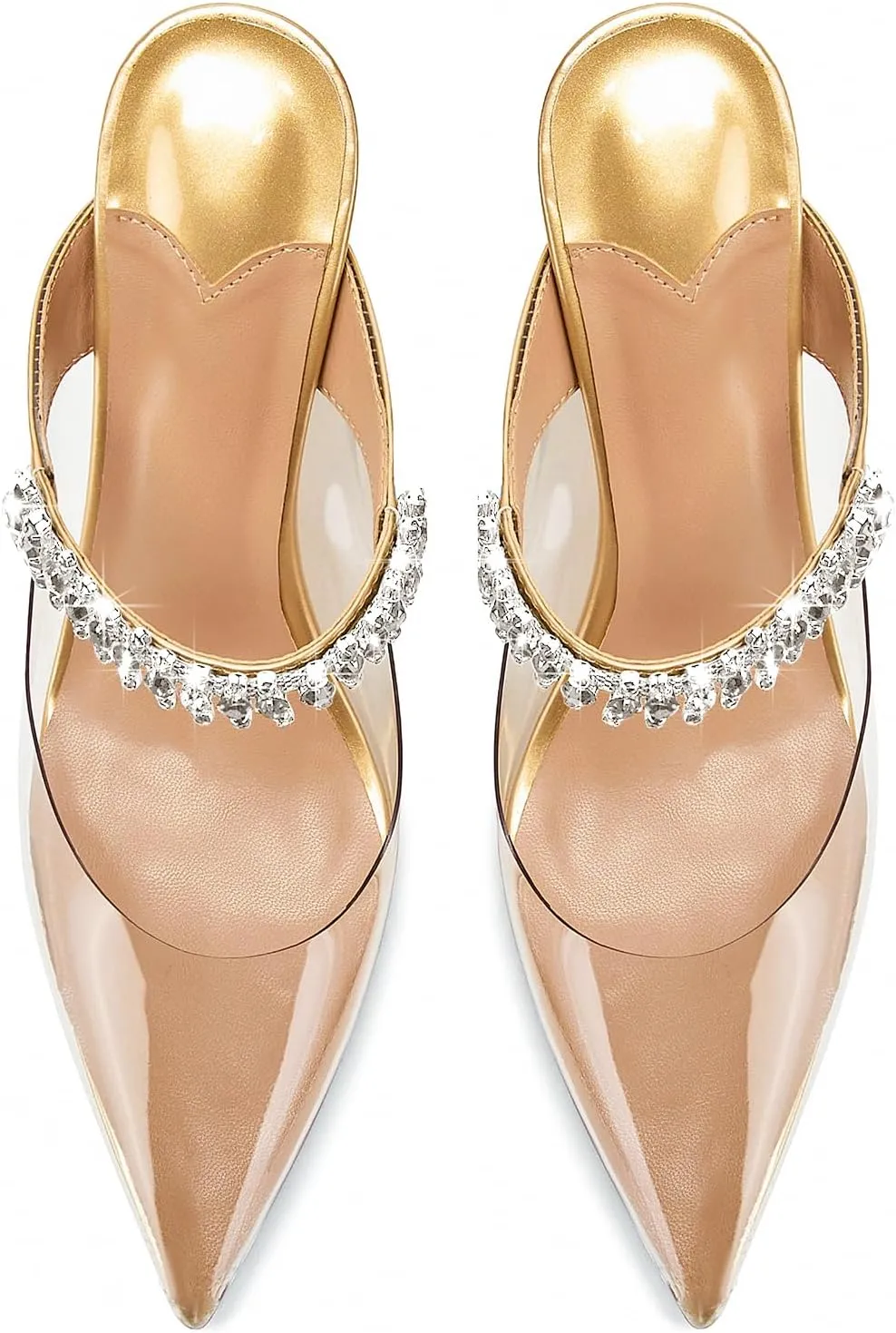 Women Heeled Mules Rhinestone Strappy Clear Heels Pointed Toe Stiletto Slip On Bridal Sandals for Women