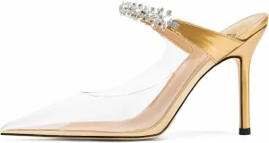 Women Heeled Mules Rhinestone Strappy Clear Heels Pointed Toe Stiletto Slip On Bridal Sandals for Women