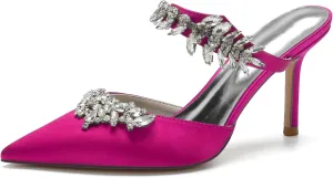 Women Heeled Mules Rhinestone Strappy Pointed Toe Mules Stiletto High Heels Wedding Bridal Dress Sandals for Women