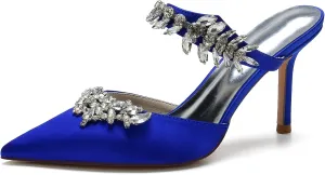Women Heeled Mules Rhinestone Strappy Pointed Toe Mules Stiletto High Heels Wedding Bridal Dress Sandals for Women