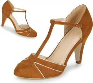 Women Kitten Heel Mary Janes Round Toe Ankle T-Strap Mary Jane Pumps Suede 3 inch Kitten Heel Pump Shoes Cut Out Ankle Strap Buckle Mary Jane Heels Retro Elegant Wedding 4-11 M US
