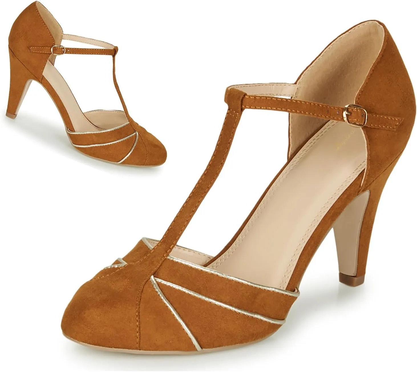 Women Kitten Heel Mary Janes Round Toe Ankle T-Strap Mary Jane Pumps Suede 3 inch Kitten Heel Pump Shoes Cut Out Ankle Strap Buckle Mary Jane Heels Retro Elegant Wedding 4-11 M US
