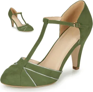 Women Kitten Heel Mary Janes Round Toe Ankle T-Strap Mary Jane Pumps Suede 3 inch Kitten Heel Pump Shoes Cut Out Ankle Strap Buckle Mary Jane Heels Retro Elegant Wedding 4-11 M US