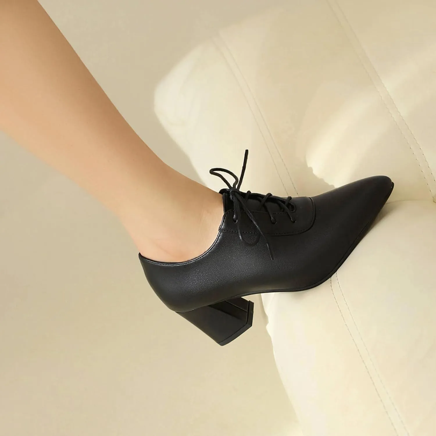 Women Vintage Chunky Heels Oxfords Pointed Toe Brogues Office Shoes