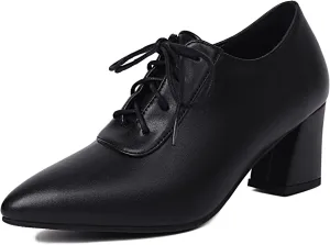 Women Vintage Chunky Heels Oxfords Pointed Toe Brogues Office Shoes