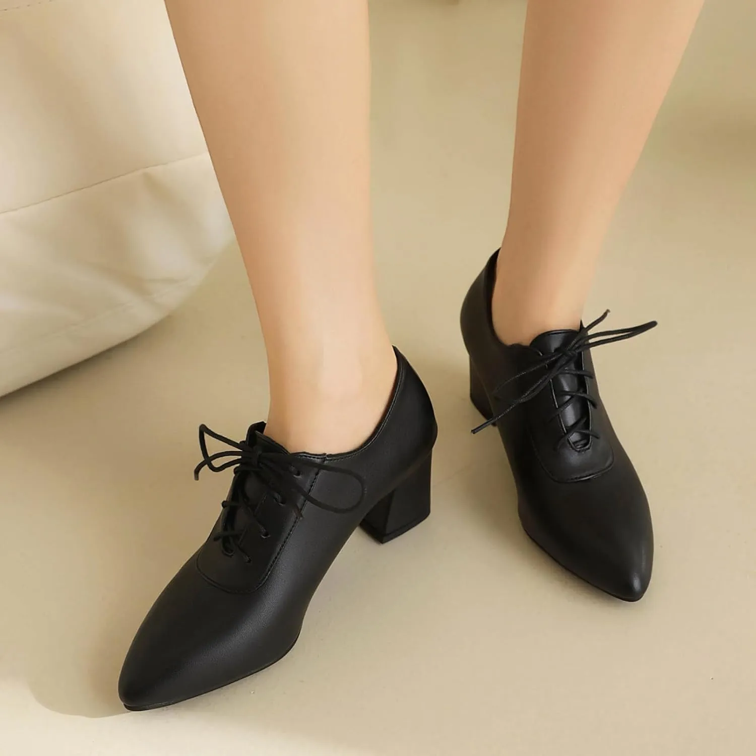 Women Vintage Chunky Heels Oxfords Pointed Toe Brogues Office Shoes