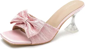 Women's Bowknot Heeled Sandals Square Toe Pleated Bow Heels Slippers Stilettos Mules Slip on Wedding Party Dress Shoe