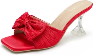 Women's Bowknot Heeled Sandals Square Toe Pleated Bow Heels Slippers Stilettos Mules Slip on Wedding Party Dress Shoe