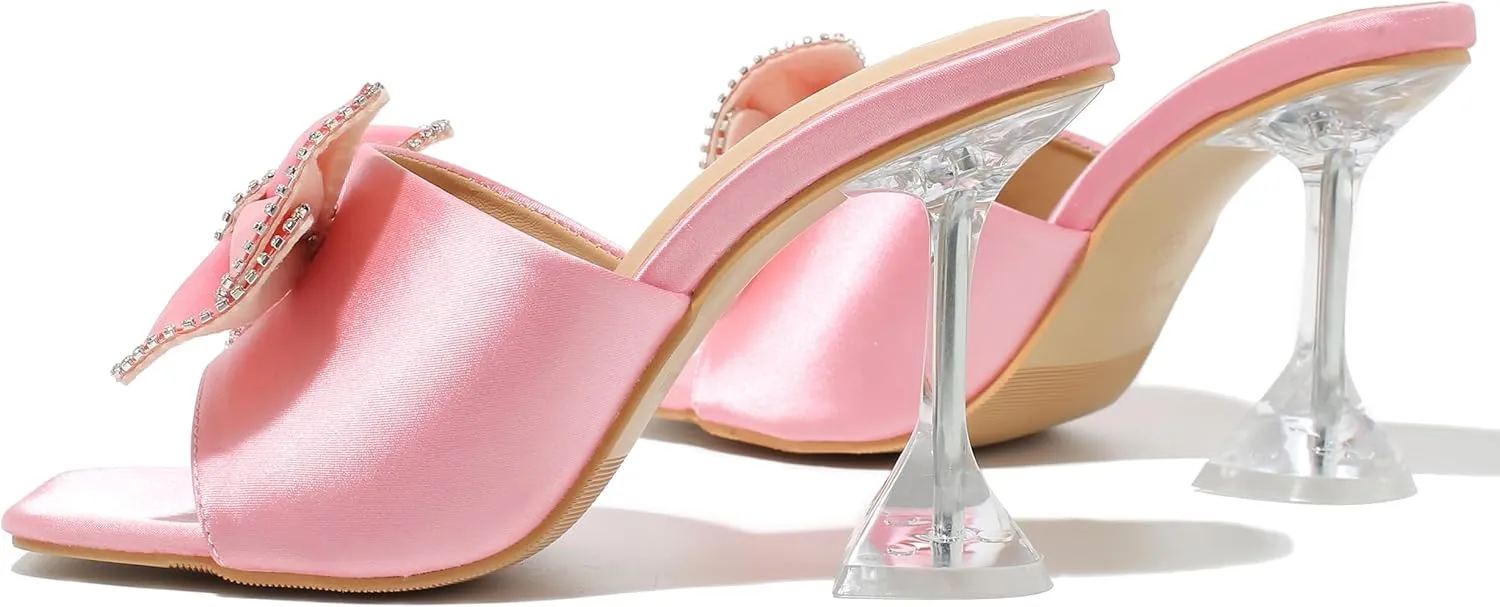 Women's Bowknot High Heel Mule Sandals Clear Heels Square Toe Satin Bow Mules Backless Slip on Slippers Comfortable Wedding Party Dress Shoes