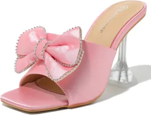 Women's Bowknot High Heel Mule Sandals Clear Heels Square Toe Satin Bow Mules Backless Slip on Slippers Comfortable Wedding Party Dress Shoes