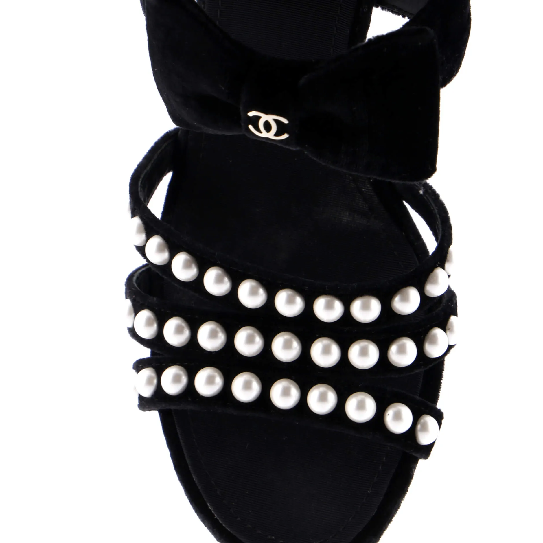 Women's CC Bow Heeled Mule Sandals Velvet with Faux Pearls