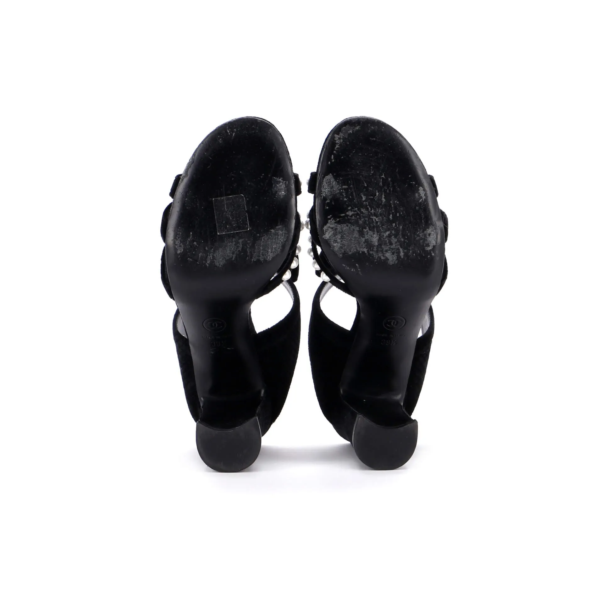 Women's CC Bow Heeled Mule Sandals Velvet with Faux Pearls