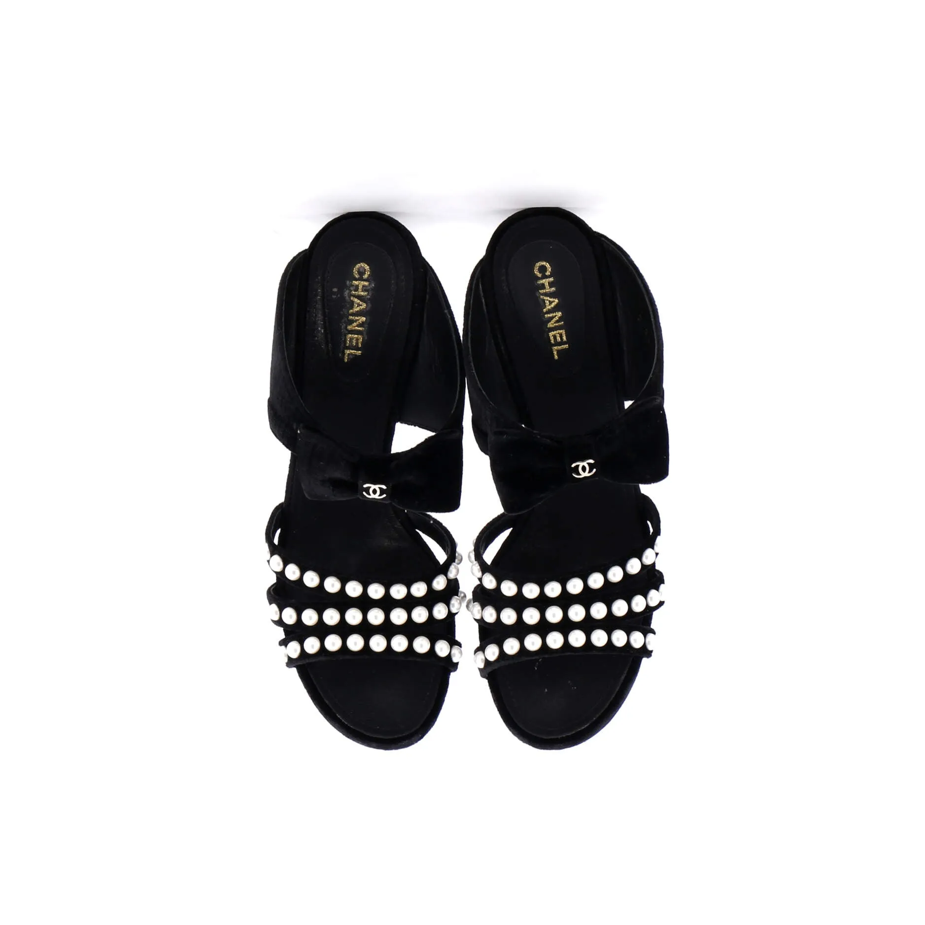 Women's CC Bow Heeled Mule Sandals Velvet with Faux Pearls