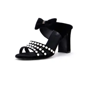Women's CC Bow Heeled Mule Sandals Velvet with Faux Pearls