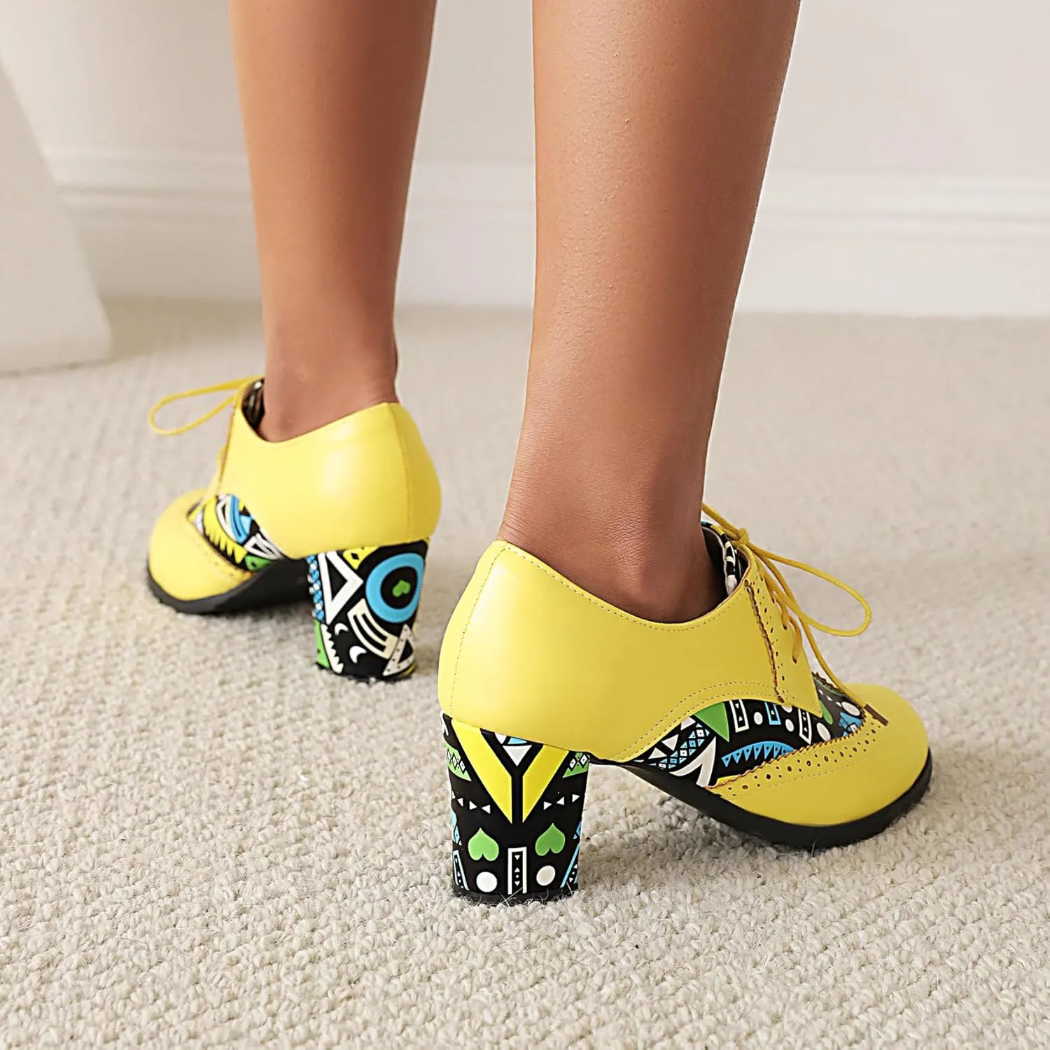 Women's Chunky Heels Oxfords Pumps Block High Heels Round Toe Lace Up Brogues Shoes