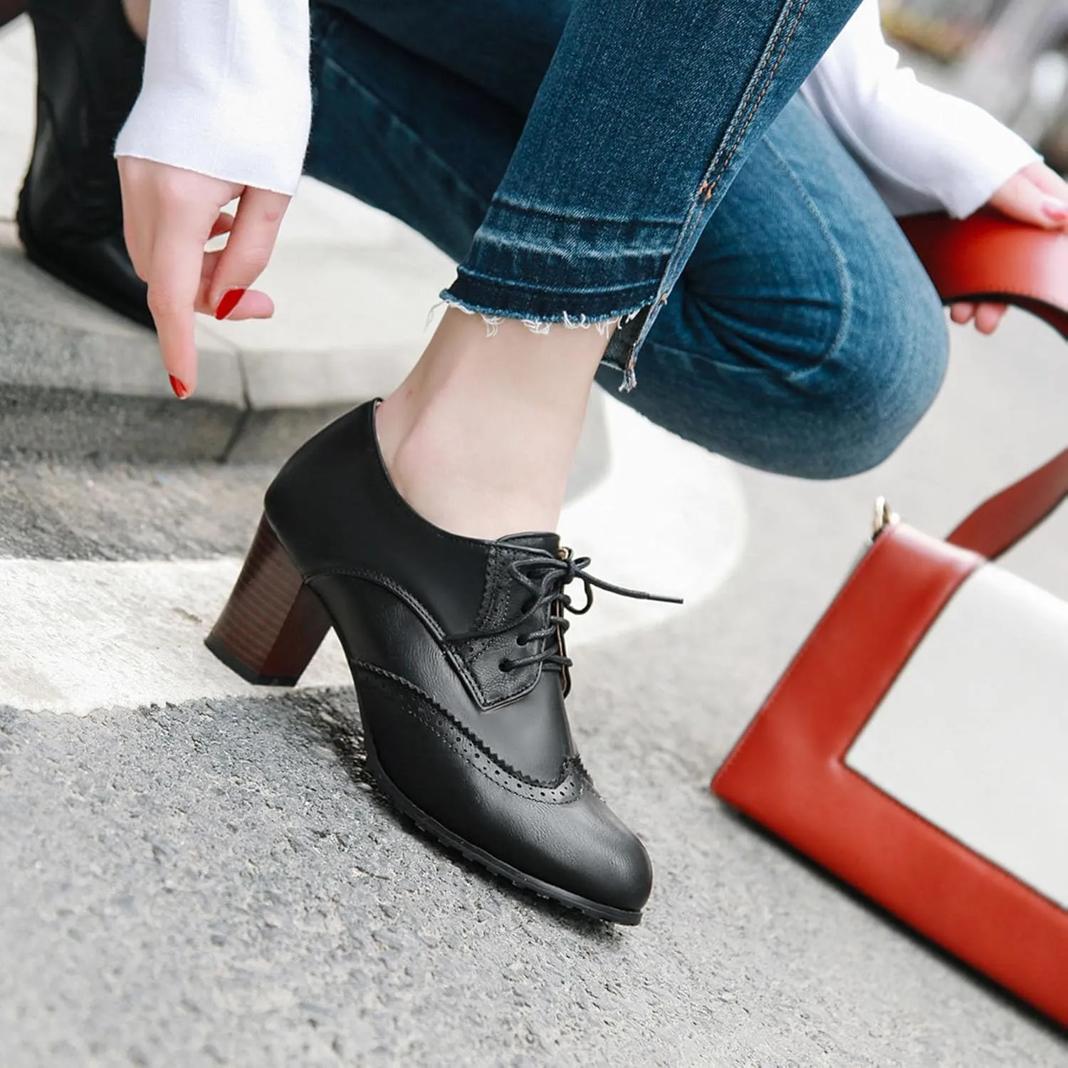 Womens Chunky High Heel Pumps Lace Up Oxfords Brogues Shoes